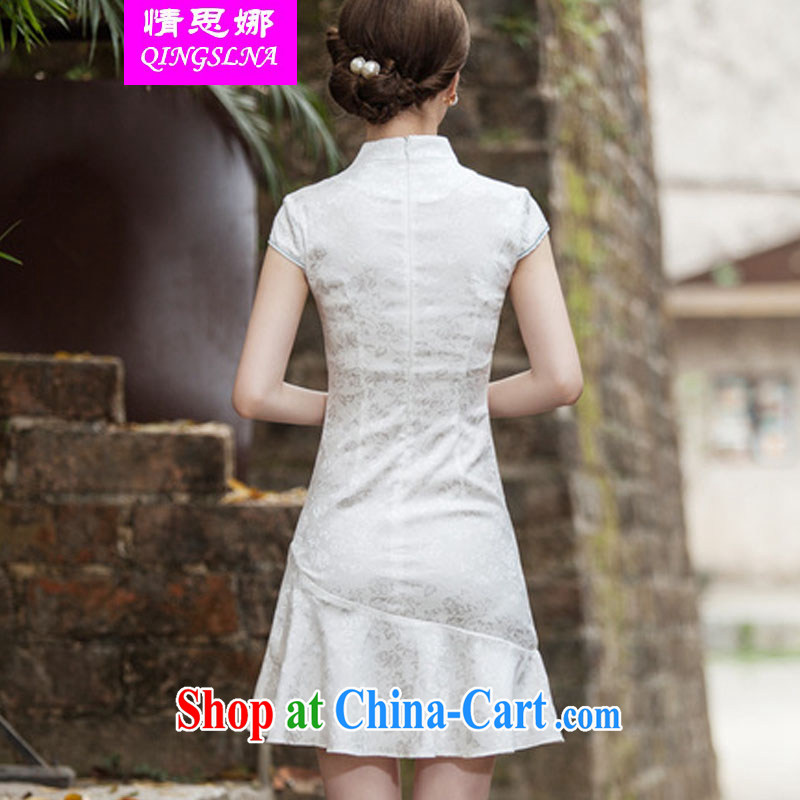 The love of summer 2015 new V collar embroidered Phillips-head nails Pearl crowsfoot skirt with embroidery cheongsam white XL, Cisco's (QINGSLNA), shopping on the Internet