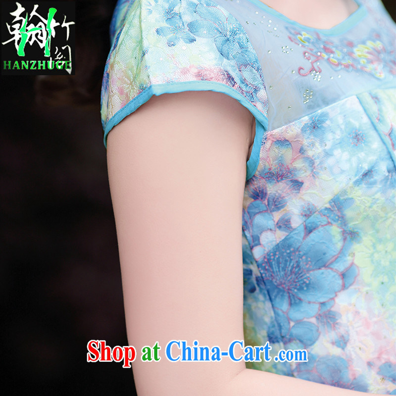 Wickham's Bamboo Pavilion 2015 new short-sleeved beauty stamp dresses summer stylish improved daily Chinese Dress cheongsam green the Peony XXL, Han bamboo pavilion, shopping on the Internet