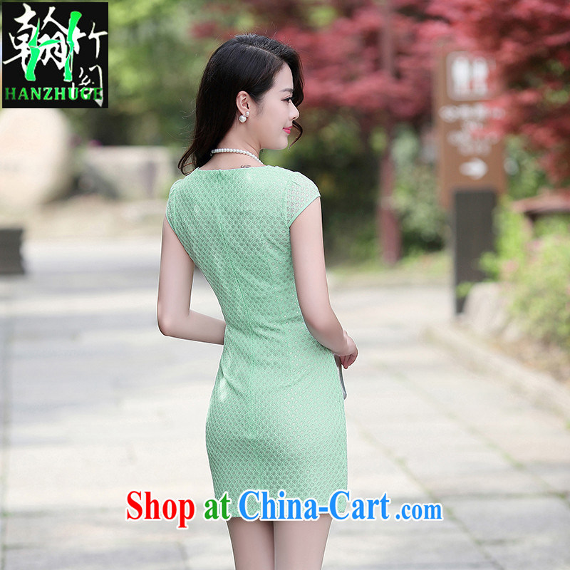 Han bamboo Pavilion 2015 new lace-cultivating ethnic wind stylish improved retro dresses skirts solid color dresses fruit green M, Han bamboo pavilion, shopping on the Internet