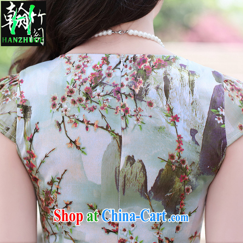 Han bamboo Pavilion 2015 summer new short-sleeved stylish stamp dress improved retro beauty and elegant qipao skirts of the Red Cross (ICRC) small Huanghua XXL, Han bamboo pavilion, shopping on the Internet