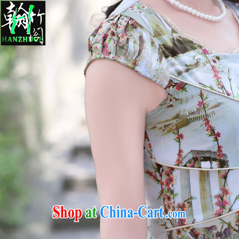 Han bamboo Pavilion 2015 summer new short-sleeved stylish stamp dress improved retro beauty and elegant qipao skirts of the Red Cross (ICRC) small Huanghua XXL, Han bamboo pavilion, shopping on the Internet