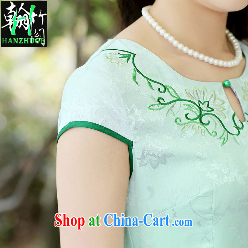 Han bamboo Pavilion 2015 summer new short-sleeved round-collar dress retro China wind daily improved cultivation cheongsam dress green the Peony XXL, Han bamboo pavilion, shopping on the Internet