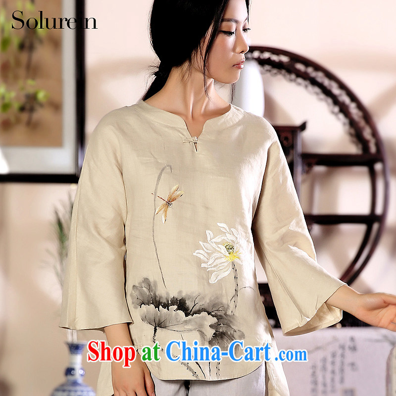 solurein Han-girl summer new cotton Ma hand painted Chinese Ethnic Wind T-shirt Chinese clothing Chinese, light gray XXL, hand-painted 3-5 day shipping