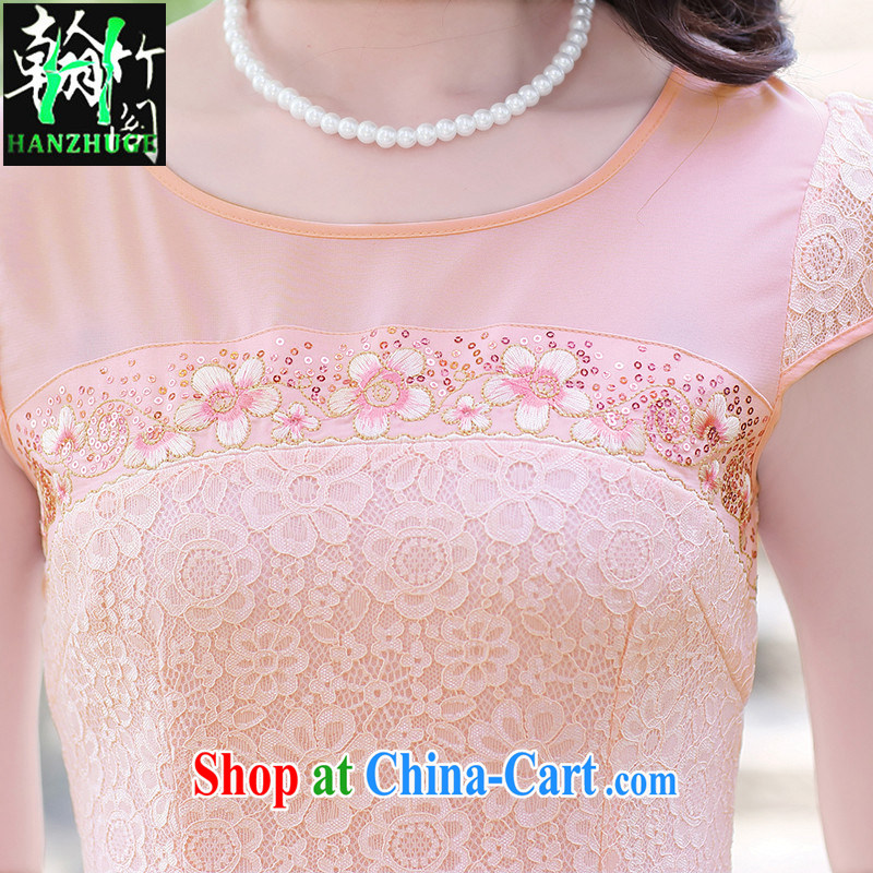 Han bamboo Pavilion 2015 new retro elegant Chinese improved daily lace dresses summer short sleeve Solid Color dresses pink XXXL, Han bamboo pavilion, and shopping on the Internet