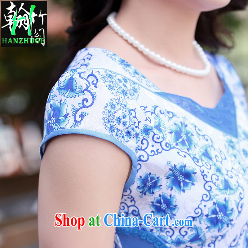 Han bamboo Pavilion 2015 summer new short-sleeved stamp lady dresses retro China wind daily fashion cheongsam dress blue and white porcelain XXL, Han bamboo pavilion, shopping on the Internet