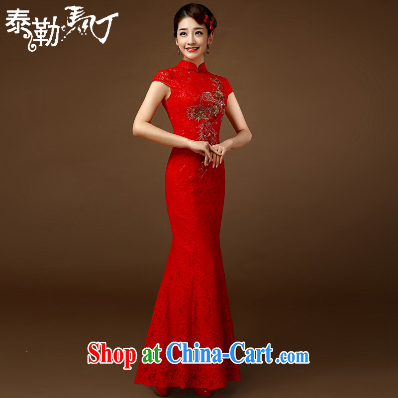 2015 bridal toast clothing retro stylish short-sleeve-waist beauty graphics thin banquet wedding marriage crowsfoot cheongsam dress red XL