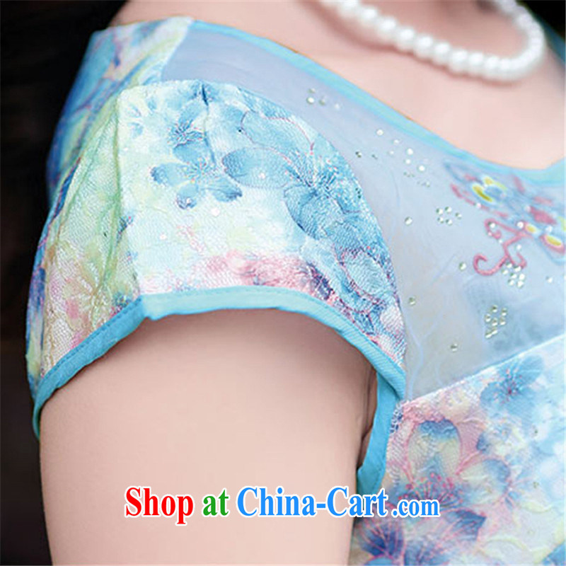 Floating love Princess 2015 new summer Korean watercolors take retro stamp duty cultivating the waist graphics thin short cheongsam dress yellow bottom rose M, floating love Princess piaoaifei), online shopping