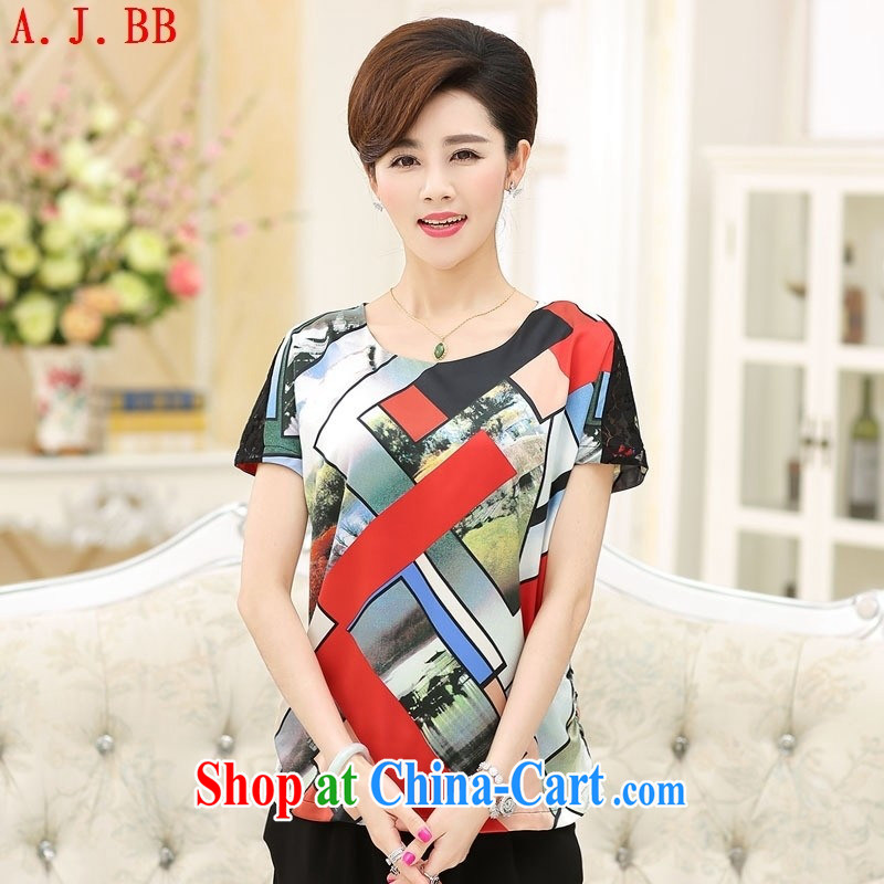 Black butterfly 2015 new middle-aged and older mothers with summer short-sleeved, older women, stylish casual short-sleeved sauna T silk shirt blue white and red XXXL article