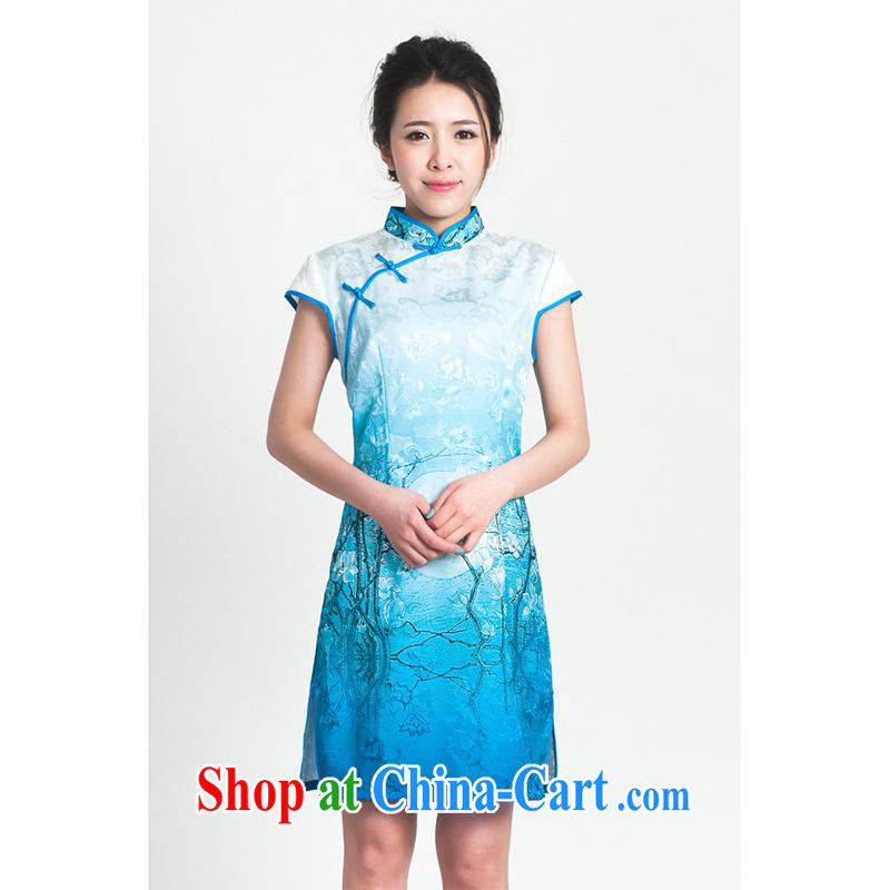 100 brigade Bailv summer new 3D digital stamp national wind Chinese qipao short-sleeved dresses female B F 1 1028 _0239, white blue 2 XL