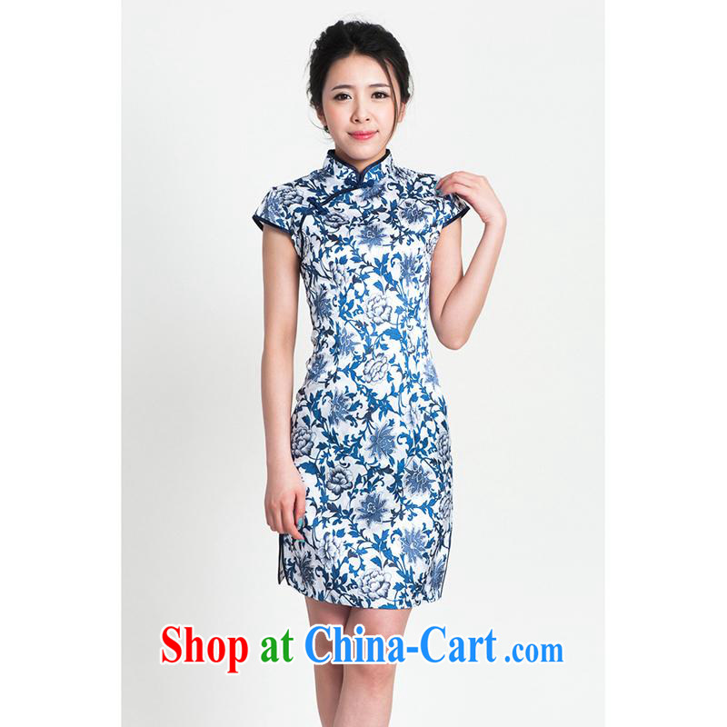 100 brigade Bailv summer jacquard cotton stamp Chinese qipao short-sleeve dresses female B F 1 1028 # sauna-jae of 9921, blue on white flower Blue on white 2 XL, 100 brigade (Bailv), online shopping