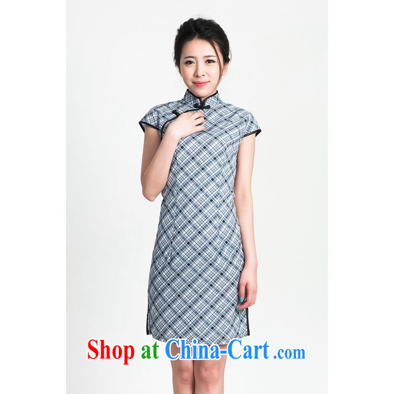 100 brigade Bailv summer new Ice silk Plaid Short cheongsam dress with short-sleeved dresses female B F 1 1028 # sauna-jae of C - 03, blue, 100 brigade (Bailv), online shopping