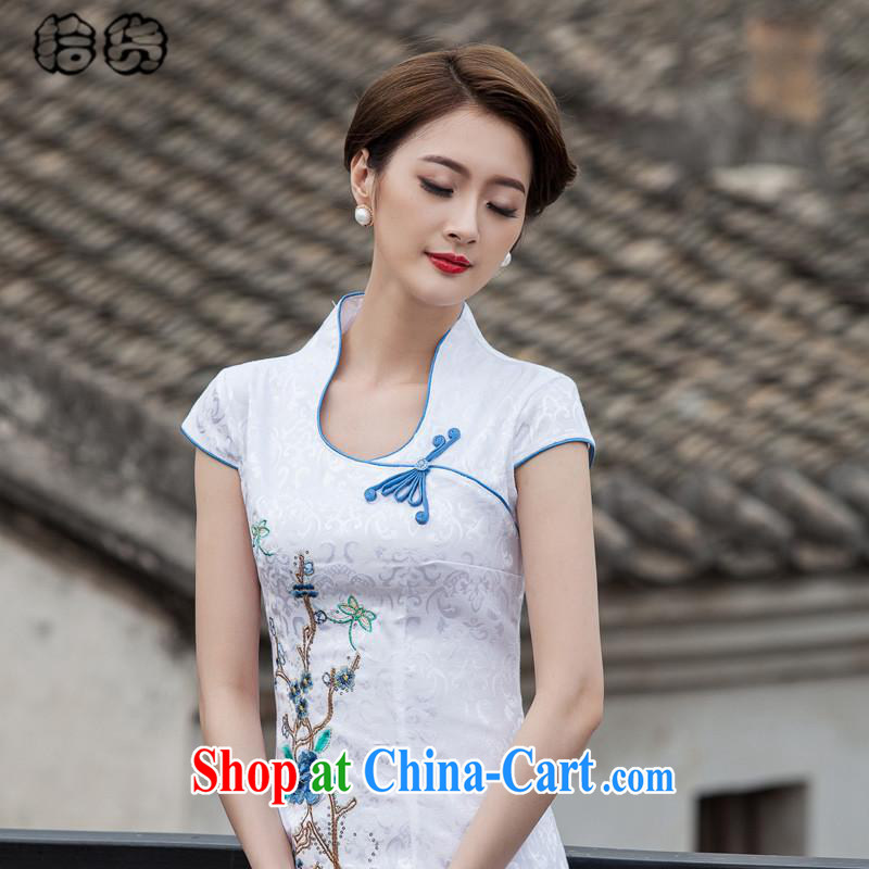 The dessertspoon, summer 2015, elegant beauty, retro-day Chinese improved cheongsam dress high-end embroidery style short, no fork cheongsam dress blue XL, European, exotic lime (ougening), shopping on the Internet