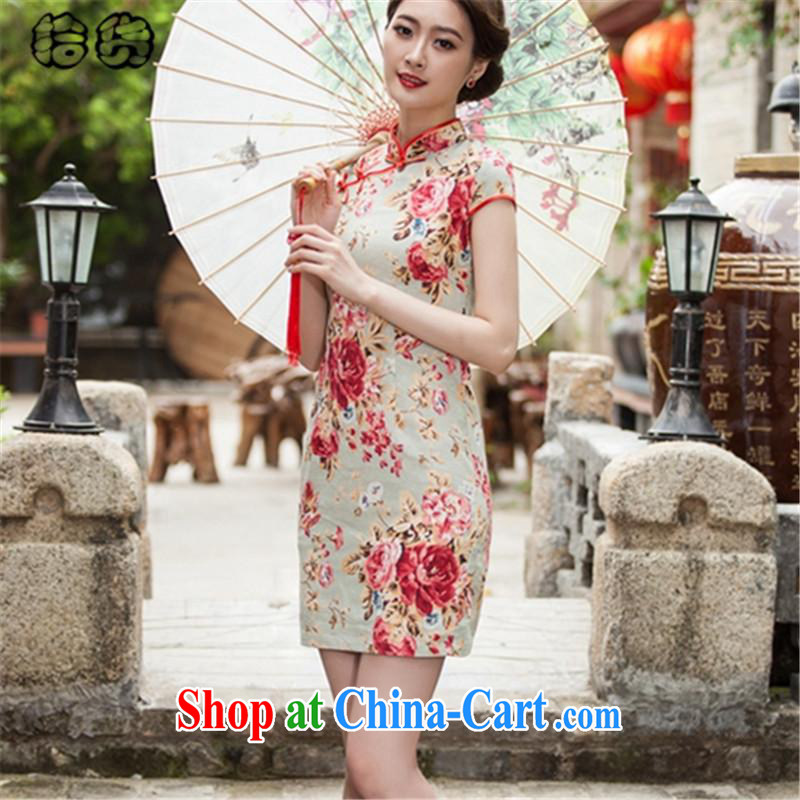 The dessertspoon, summer 2015 stylish and elegant antique stamp dresses daily short-mouth sporting Chinese beauty graphics thin cotton dress further than female short suit XXL, European, exotic lime (ougening), online shopping