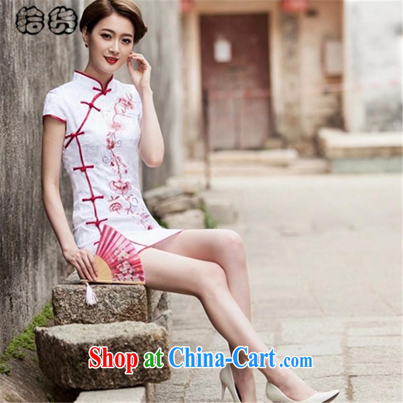 The dessertspoon, summer 2015, Tang with retro improved daily cheongsam dress beauty graphics thin fancy embroidery and stylish low-power the truck ends sporting short cheongsam female white XXL, OSCE, dessertspoon (ougening), online shopping