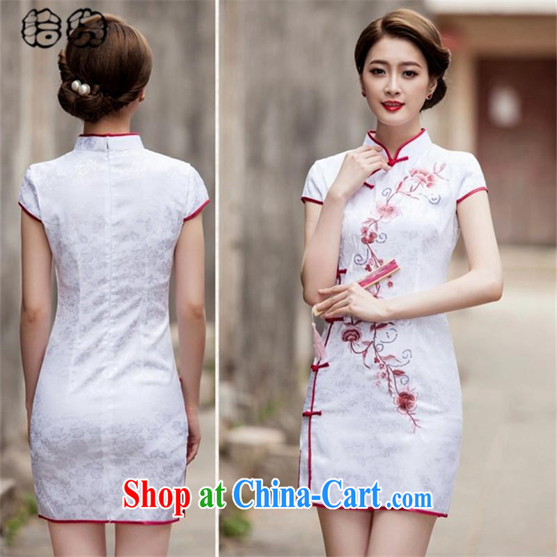 The dessertspoon, summer 2015, Tang with retro improved daily cheongsam dress beauty graphics thin fancy embroidery and stylish low-power the truck ends sporting short cheongsam female white XXL, OSCE, dessertspoon (ougening), online shopping