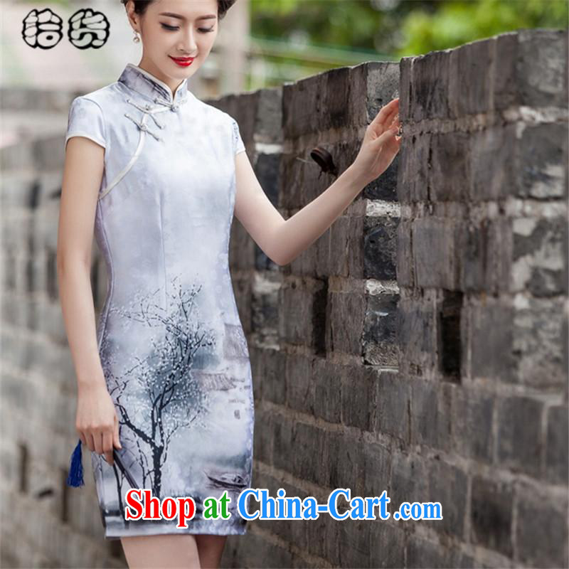 The dessertspoon, summer 2015 classic painting landscape short-sleeve cheongsam dress retro fashion China wind without the forklift truck flap sporting temperament, short qipao XXL paintings, European, exotic lime (ougening), shopping on the Internet