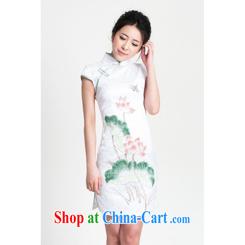 100 brigade Bailv summer new cotton stamp Chinese cheongsam dress short-sleeve dresses female B F 1 1028 # sauna-jae of the flower - hand-painted Lotus lotus, MEROPIA, shopping on the Internet