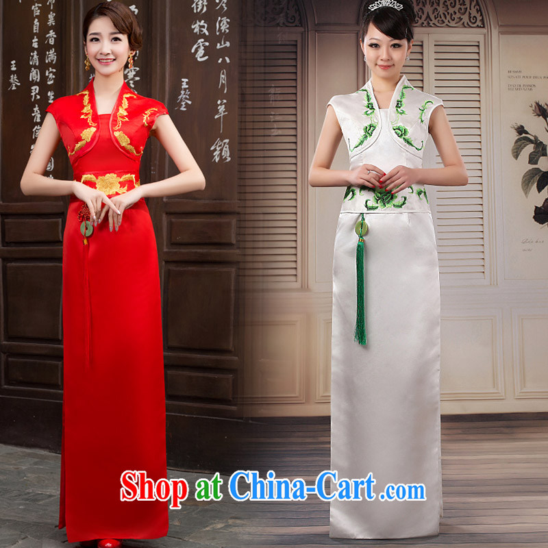 Blue and white porcelain red cheongsam long embroidered cheongsam dress annual ceremonial welcome chorus costumes red XL, married love, shopping on the Internet