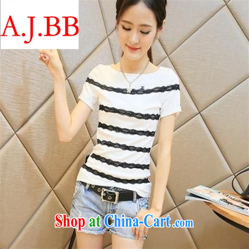 Orange Ngai advisory committee * 2015 Korean version the Summer code female lace stitching T-shirt beauty graphics thin stripes solid small T-shirt short-sleeved T-shirt white XL, A . J . BB, shopping on the Internet