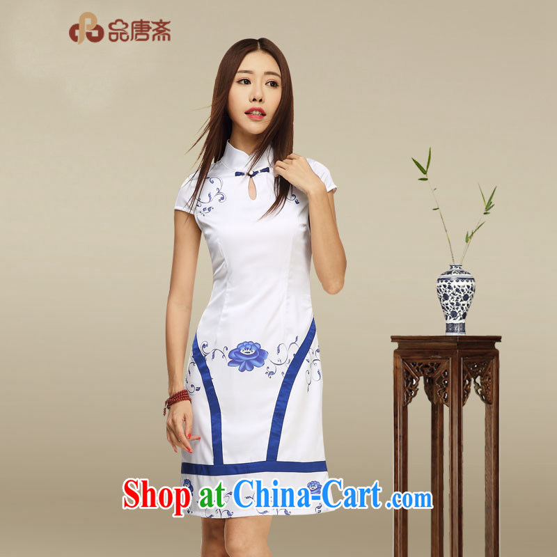 Mr Tang, Id al-Fitr improved cheongsam dress 2015 summer new stylish stamp skirt daily blue and white porcelain cheongsam dress picture color XL