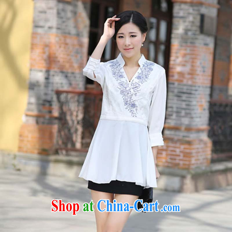 Cyd Ho Kwun Tong blue porcelain the Chinese improved Tang fitted T-shirt/Summer, Ms. Tang/long-sleeved T-shirt G 99,135 white XXL, Sau looked Tang, shopping on the Internet