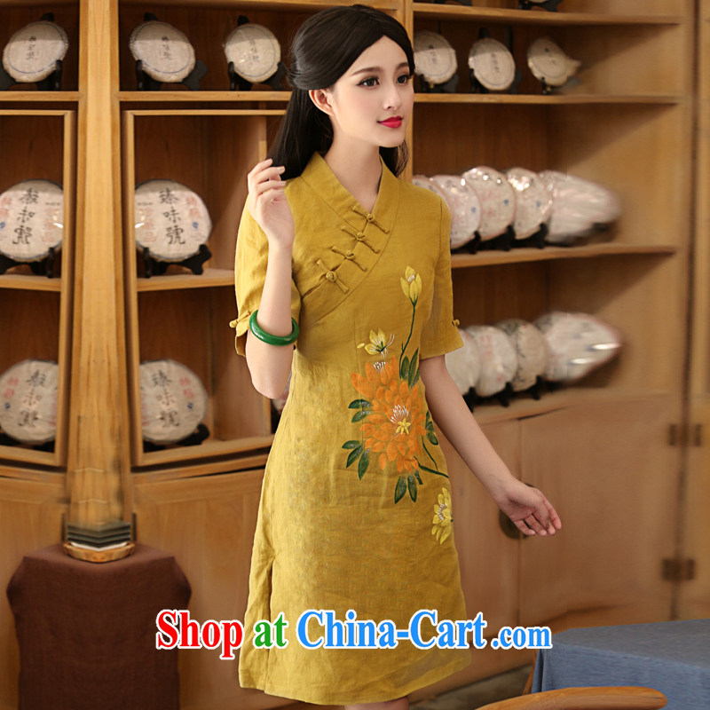 The cross-sectoral rhythm Elizabeth 2015 new Han-female daily improved cheongsam dress hand-painted dresses summer H Z tea-color 2 XL, Yee-Windsor, shopping on the Internet