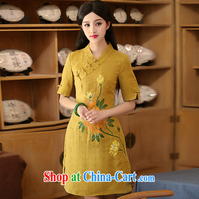 The cross-sectoral rhythm Elizabeth 2015 new Han-female daily improved cheongsam dress hand-painted dresses summer H Z tea-color 2 XL, Yee-Windsor, shopping on the Internet