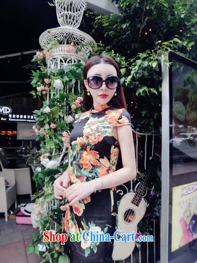 Summer 2015 new retro style stamp class, stitching, with the waist graphics thin cheongsam dress black S pictures, price, brand platters! Elections are good character, the national distribution, so why buy now enjoy more preferential! Health