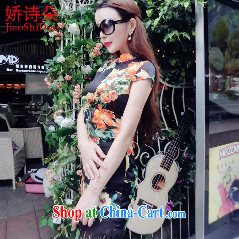 Summer 2015 new retro style stamp-su stitching, with the waist graphics thin cheongsam dress black S, aviation poetry Flower (jiaosido), and shopping on the Internet