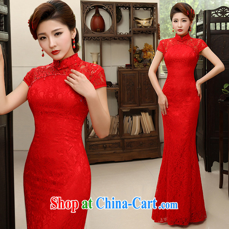 Her spirit_YANLING new Chinese marriages served toast red crowsfoot lace long cheongsam dress girls summer QP - 600 red XL