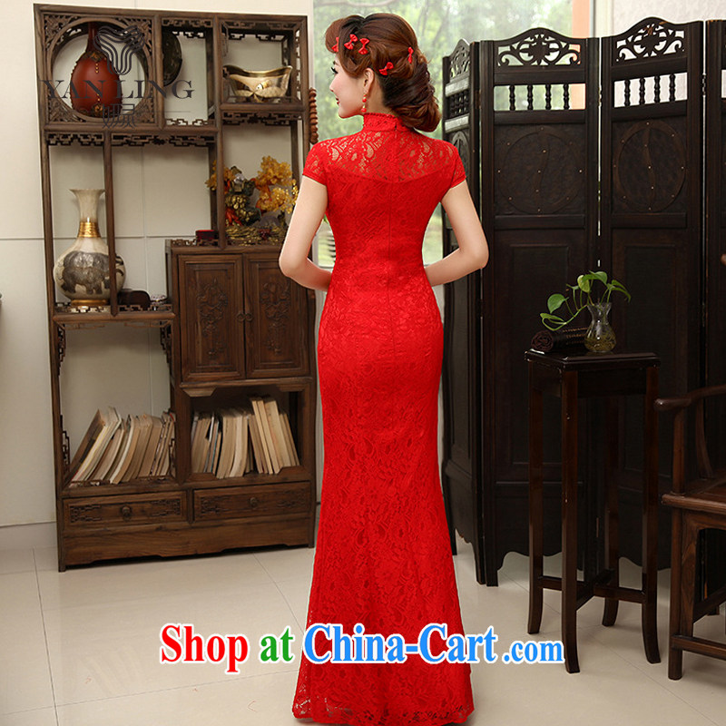 Her spirit/YANLING new Chinese marriages served toast red crowsfoot lace long cheongsam dress girls summer QP - 600 red XL, her spirit, and, shopping on the Internet