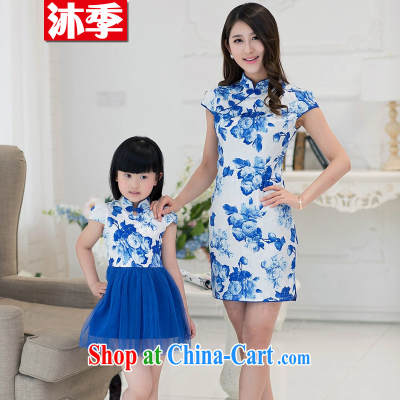 Mu season summer 2015 new elegant blue and white porcelain fashion with stylish good retro short cheongsam mother and daughter parent-child with 113 blue and white porcelain baby 13