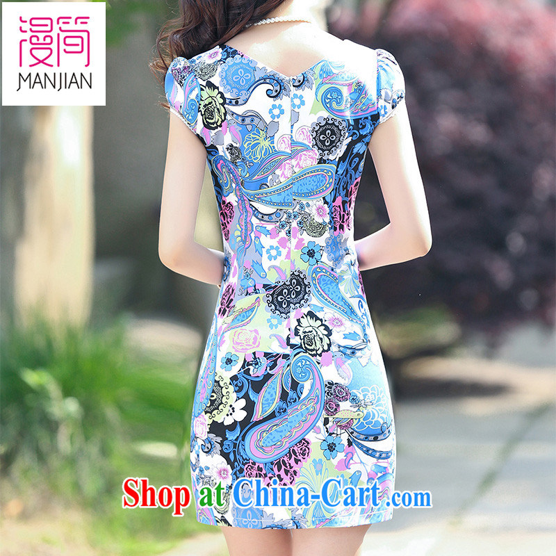 Animated short sleeve cheongsam dress women summer 2015 new Chinese Ethnic Wind toast clothing graphics thin package and blue floral XXL, diffuse in short, shopping on the Internet