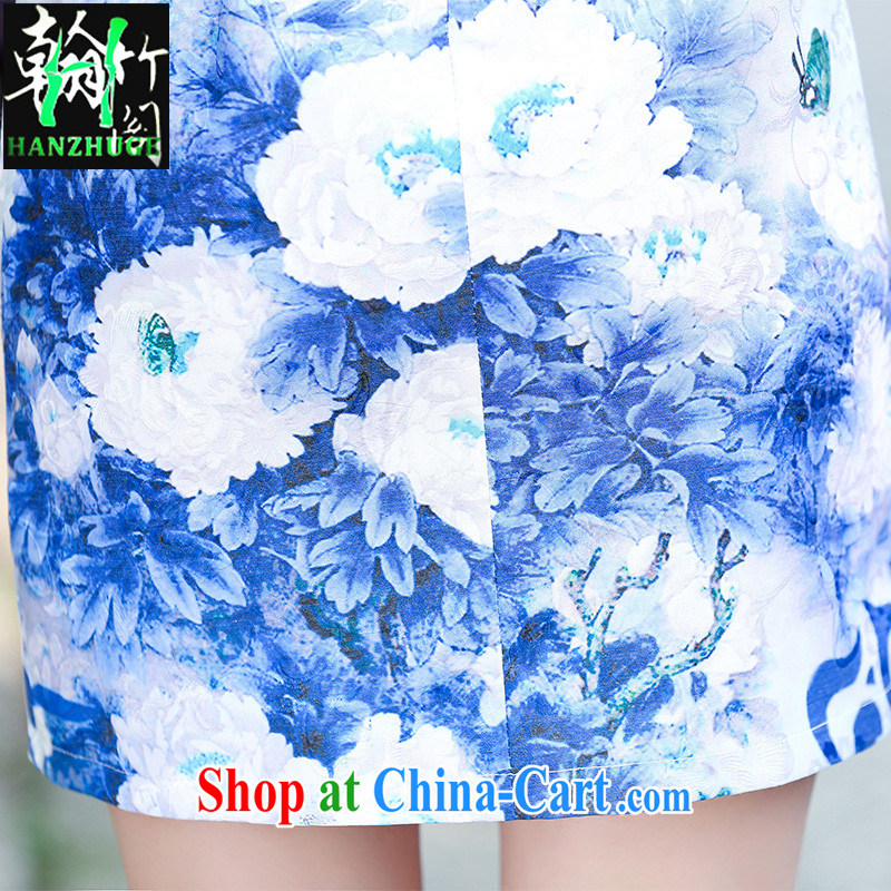 Han bamboo Pavilion new cheongsam dress stylish and refined and elegant daily 2015 summer short sleeve cheongsam dress style female blue flower XXL, Han bamboo pavilion, and shopping on the Internet