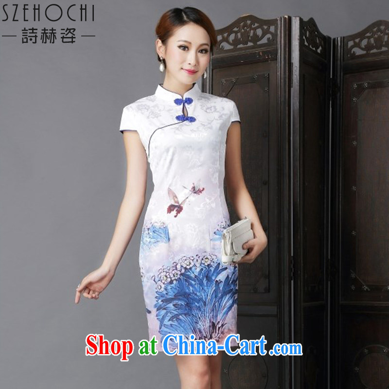 poetry competition 2015 colorful summer dresses dresses Ethnic Wind New Tang is stylish and improved short-sleeved, daily retro beauty sexy cheongsam dress style graphics thin dark blue XL