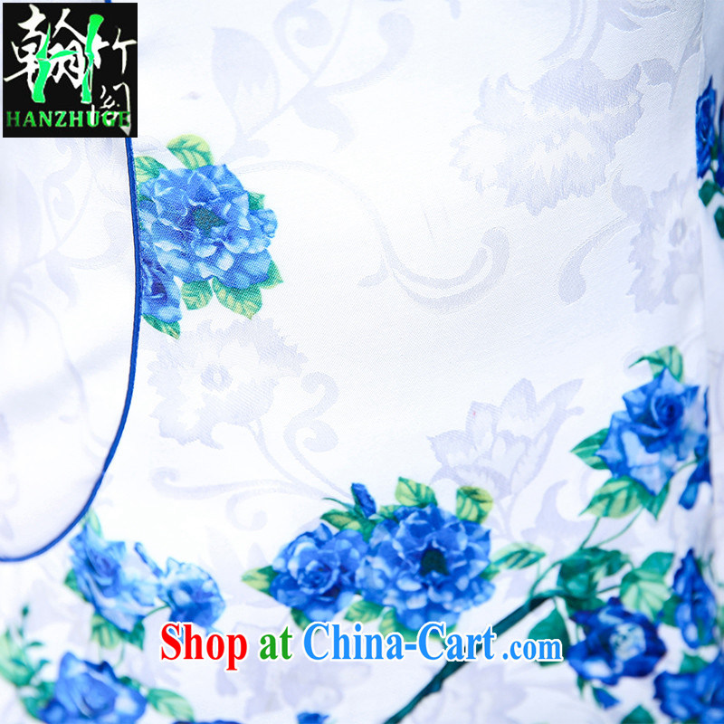 Yu Man-hon's Bamboo Pavilion 2015 new short-sleeved cultivating cheongsam dress stylish summer day cultivating retro dresses skirts female light blue flower XXL, Han bamboo pavilion, and shopping on the Internet