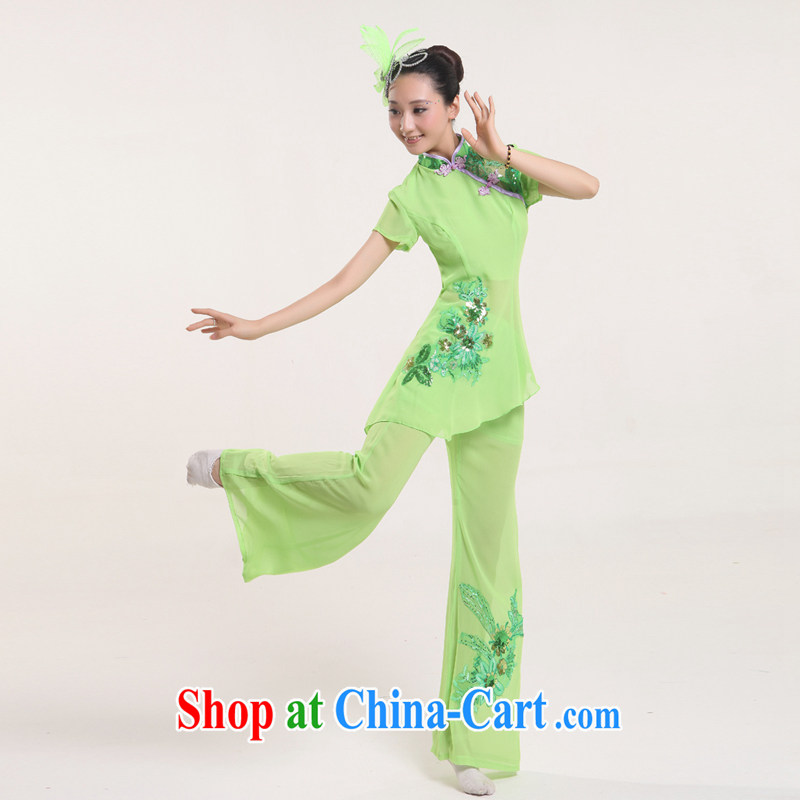 Middle-aged and elderly yangko clothing dance clothing female seedlings dance Fan Dance classical dance costume waist encouraging new classic Fan Dance clothing ethnic dance dress green XS, diffuse Connie married clothing, shopping on the Internet