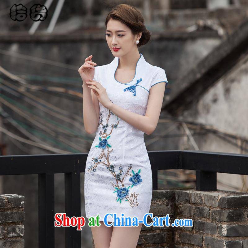 The HELENE ELEGANCE summer 2015, elegant beauty, retro-day Chinese improved cheongsam dress high-end embroidery style short, non-truck outfit skirt blue