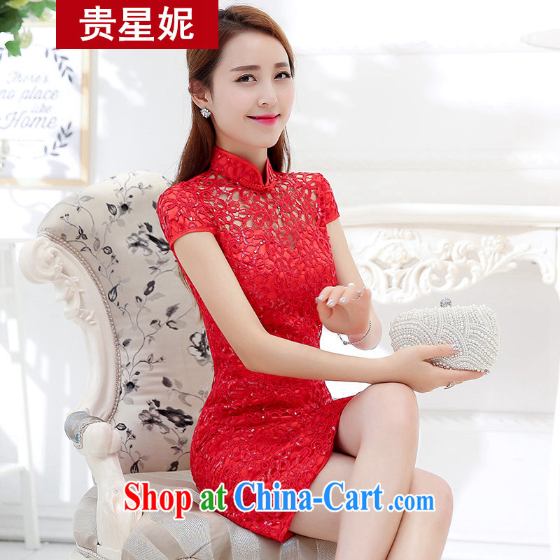 The star's marriage cheongsam dress new summer red embroidered fine short, cultivating fine lace bridal toast cheongsam red M