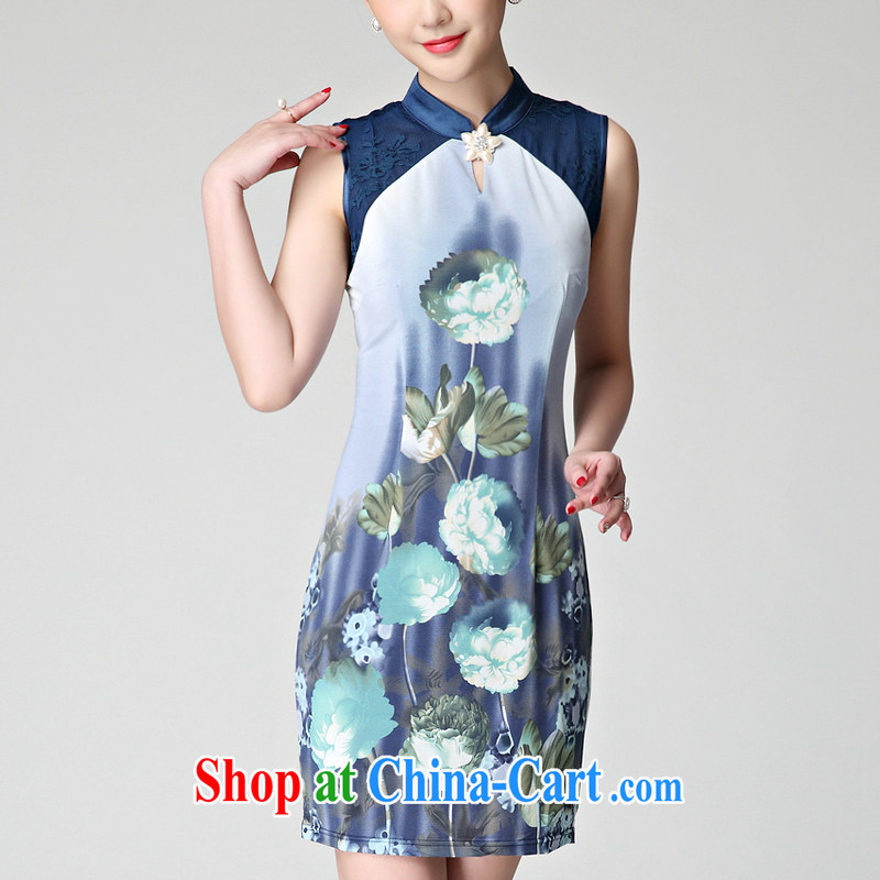 2015 summer new dress lace stitching elegant antique style only American Beauty vest skirt cheongsam dress gray-blue XXXL, meters, and Europe (MIO MIULAN), online shopping