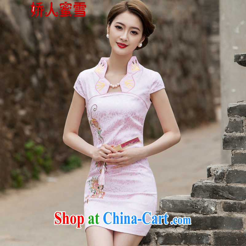 Aviation, honey snow 2015 new summer fashion improved cheongsam dress daily video thin beauty short cheongsam dress, pink XL