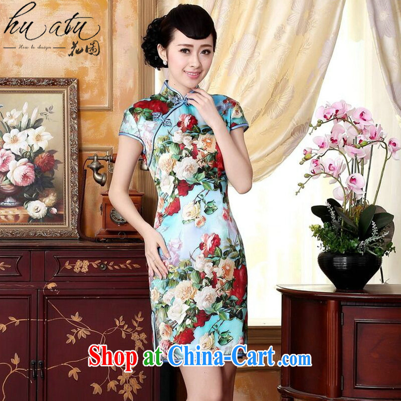 Take the heavy Silk Cheongsam, Ms. retro improved, sauna for silk painting stretch Satin beauty double short cheongsam floral 2 XL, spend figure, shopping on the Internet