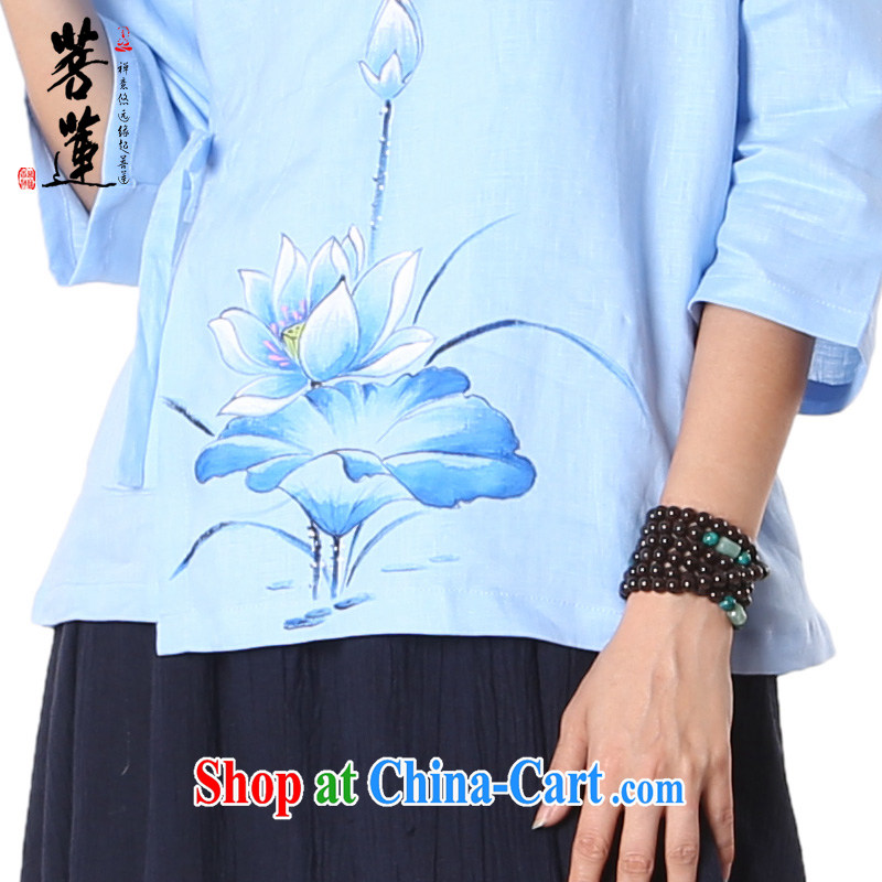 Bodhi-lin cotton the Zen clothing original linen Womens summer Chinese Han-tea serving China wind yoga clothing T-shirt sky painted blue lotus XL, pursued Lin, shopping on the Internet