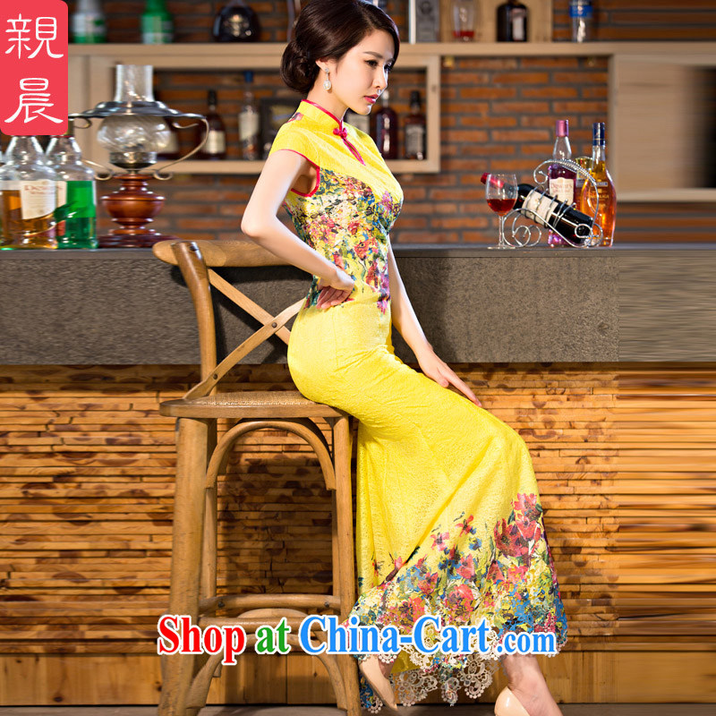 pro-am 2015 new daily cheongsam dress improved stylish summer retro Ms. long, crowsfoot cheongsam dress yellow 2XL, pro-am, shopping on the Internet