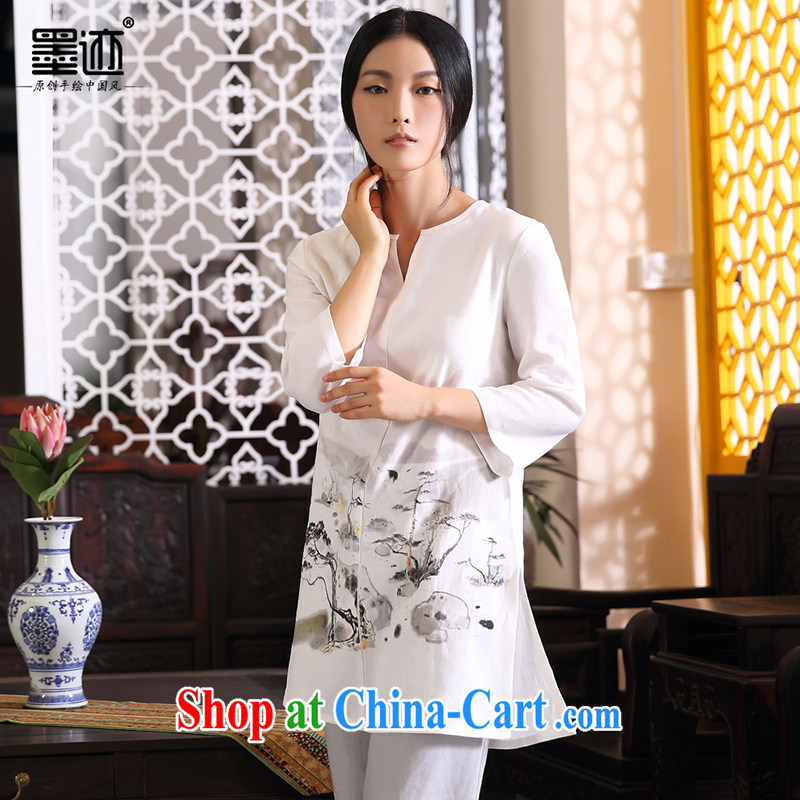The clouds ink cotton the Chinese Dress loose linen Han-female arts van Bluetooth white autumn women linen XXL