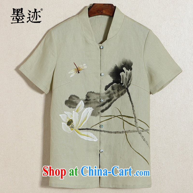 Ink summer new cotton the improved Chinese Ethnic Wind Chinese Han-hand-painted Lotus T-shirt retreat serving tea service M Tsing XXL