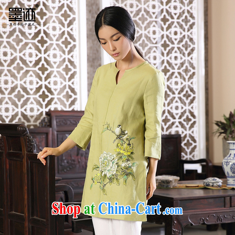 Ink meticulous cuckoo original design arts and cultural, ethnic wind cotton the Girls fall on China wind Chinese larger female Green XXL