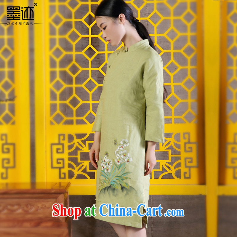 Ink 2015 spring female new Chinese Ethnic Wind improved Han-retro hand-painted art linen dresses light green XXL, ink, and shopping on the Internet