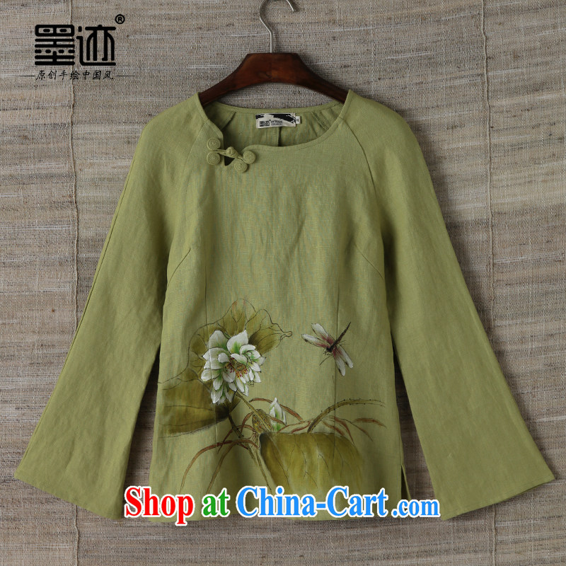 Autumn marks the National wind hand-painted Lotus Chinese cotton Ms. Ma improved Han-Chinese girls blouses green XXL, ink, and shopping on the Internet