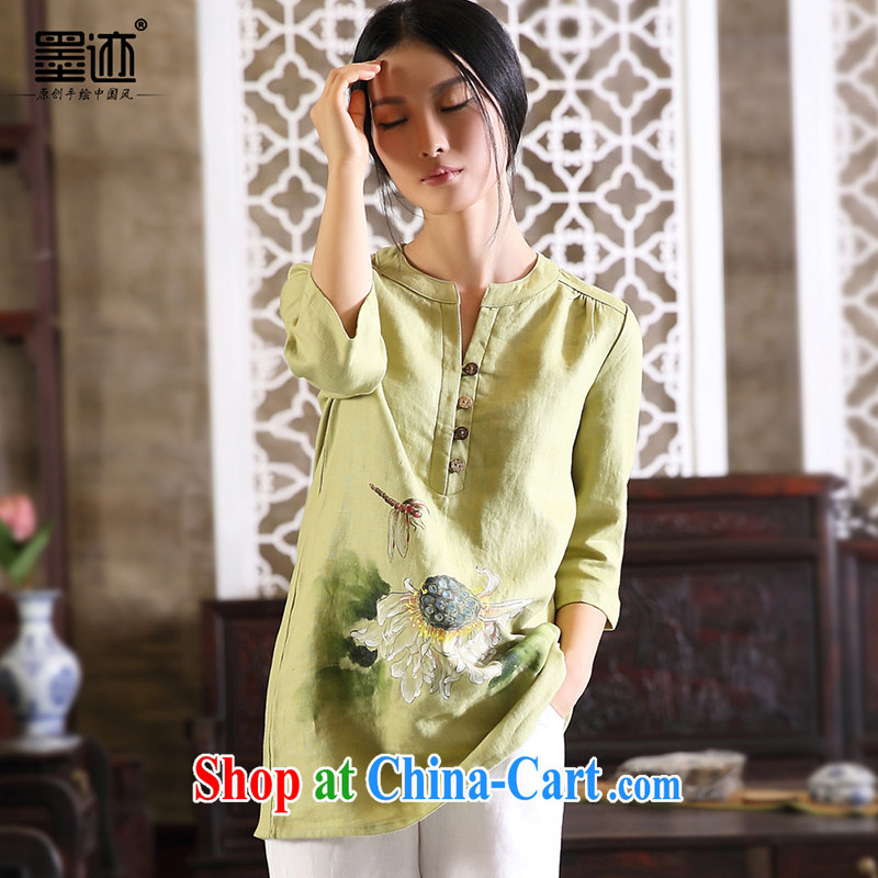 Autumn marks the new hand-painted original cotton Ma Tang women-han-T-shirt ethnic wind in beauty T-shirt light green XXL